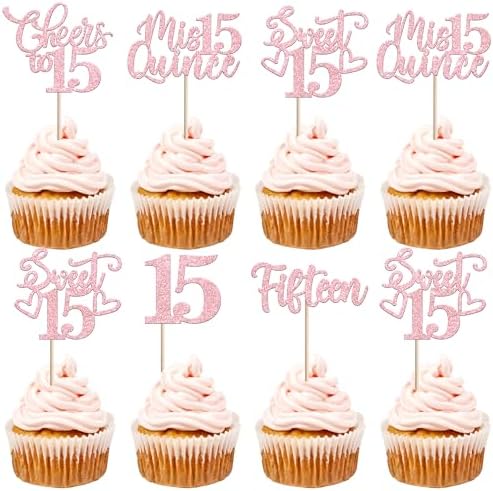 30PCS Happy 15th Birthday Cupcake Toppers Glitter Pink