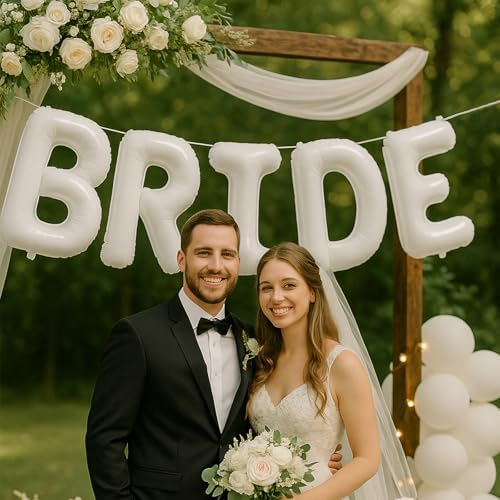 40 Inch White Bride Foil Balloons with Ribbon and Straw