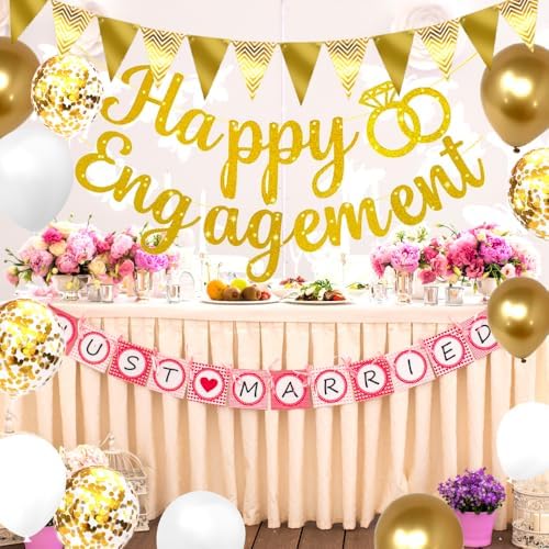 Gold Glitter Happy Engagement Banner 12 Pcs Decorations