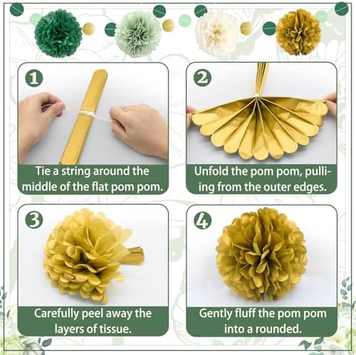 Green Wedding Party Decorations Set 16PCS Tissue Pom Poms Garland