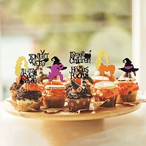 32 Piece Hocus Pocus Cupcake Toppers with Glitter and Bamboo Sticks