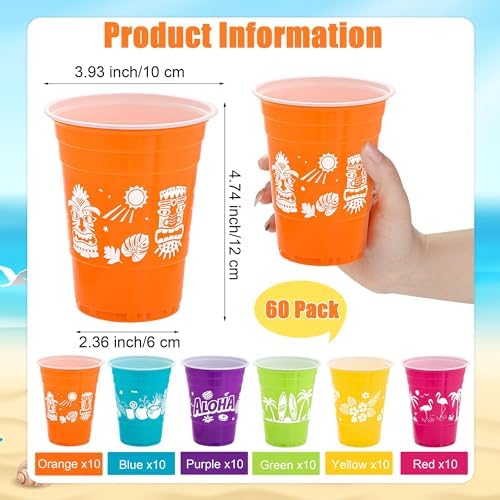 60 Piece Tropical Luau Cups for Parties