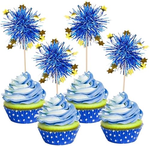 30 PCS Foil Firework Cupcake Toppers Blue Sparkle