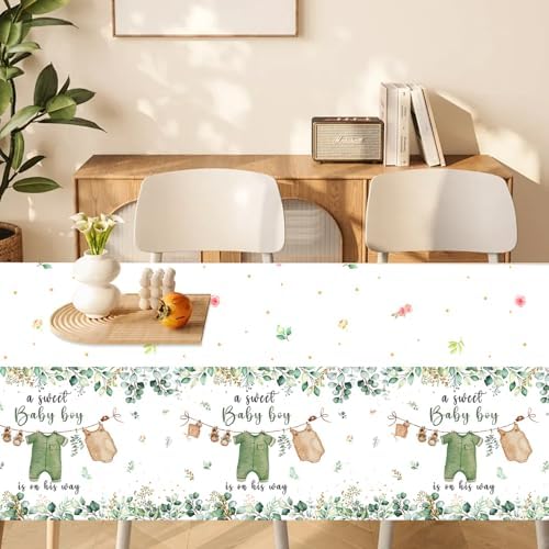 3PCS Waterproof Greenery Baby Shower Tablecloth for Gender Reveal Party