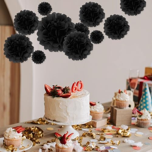 Black Tissue Paper Pom Poms 20 Piece Set for Events
