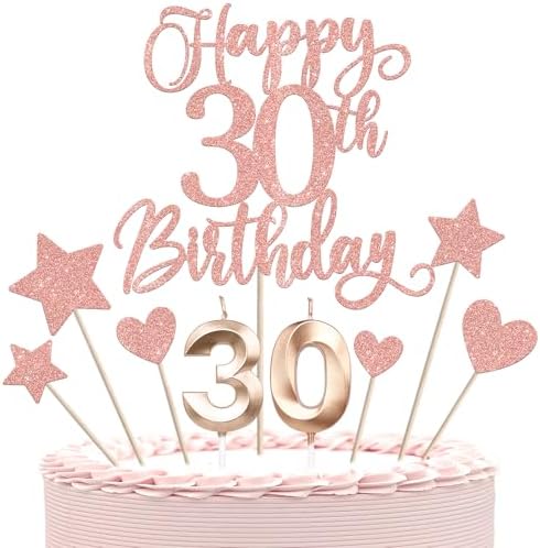 13 PCS Happy 30th Birthday Cake Toppers with Heart Star Glitter Rose Gold