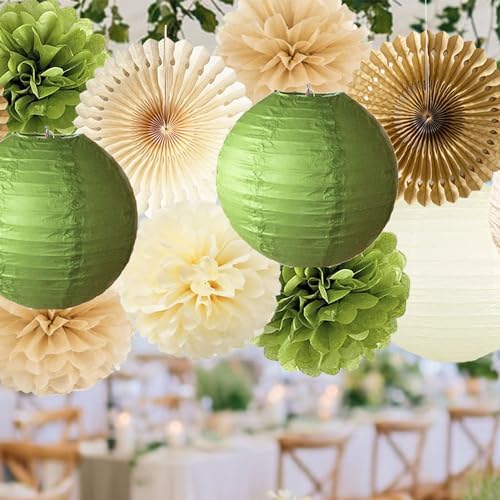Olive Green Tissue Pom Poms and Paper Lanterns Decor Set