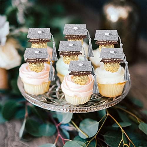 2025 Graduation Cap Cupcake Toppers with Tassel Adhesive Dots Silver