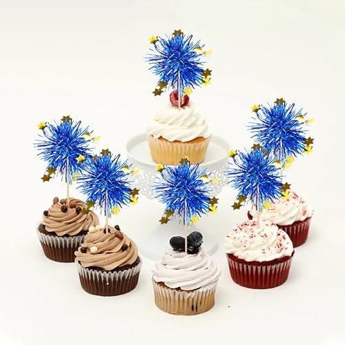 30 PCS Foil Firework Cupcake Toppers Blue Sparkle