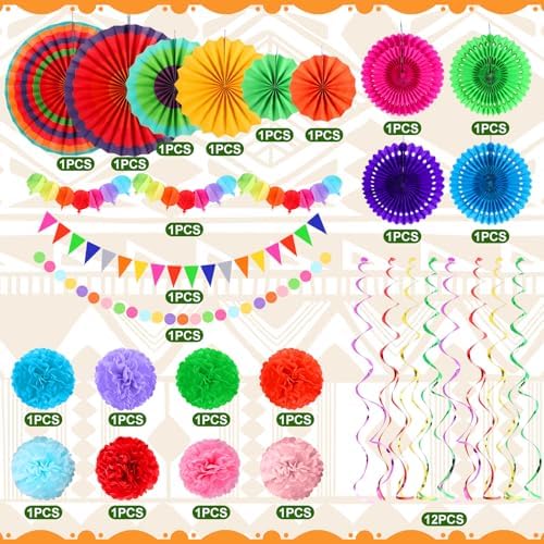 37 Pcs Fiesta Paper Fan Decorations Set