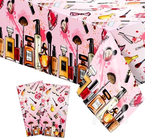 2 Pack Spa Makeup Party Tablecloths - Waterproof Pink Cosmetics Themed