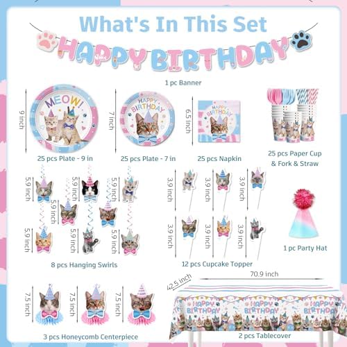 177pcs Cat Birthday Decorations Set for Kitten Girls Party