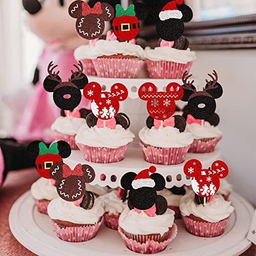 24PCS Glitter Christmas Cupcake Toppers Deer Santa Snowflake Decorations