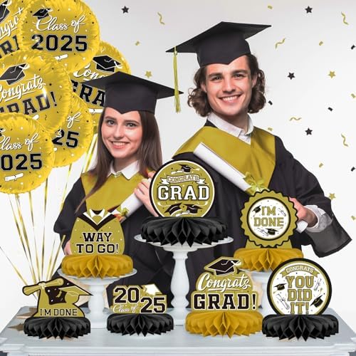 9PCS Graduation Party Decorations Honeycomb Table Centerpieces Gold and Black