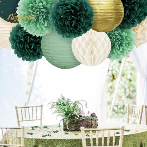 NICROLANDEE 12PCS Emerald Green Tissue Pom Poms Decorations