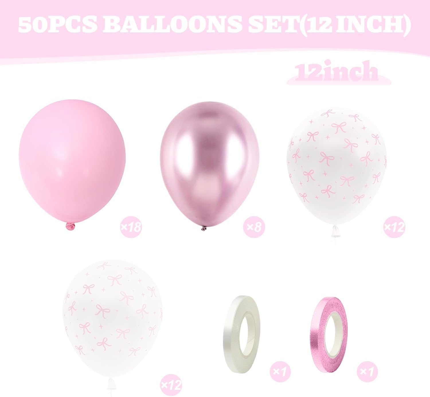 Bow Balloons 50Pcs 12 Inches Pink White Clear Balloons for Birthday Parties