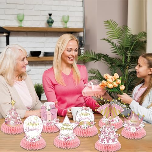 Pink Flower Birthday Decorations 8PCS Centerpiece Set