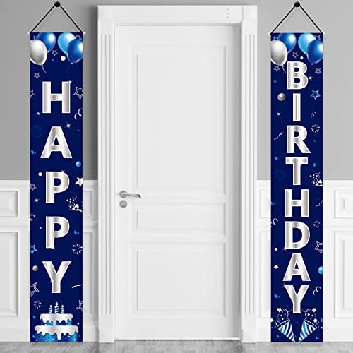 Turypaty Blue Silver Happy Birthday Door Banner Decorations