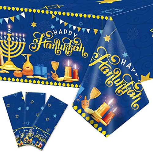 3 Pcs Hanukkah Tablecloths Blue Gold Fabric Decorations