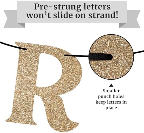 Gold Glitter Graduation Party Banner - Pre-Strung Garland 10ft Strand