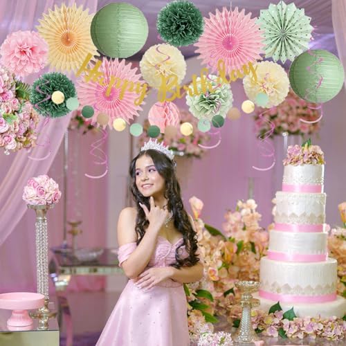 Sage Green and Pink Birthday Decorations Kit