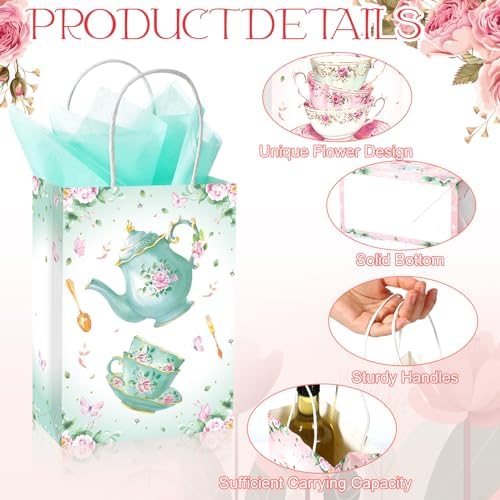 24 Pcs Tea Party Gift Bags with Handles Pink Green