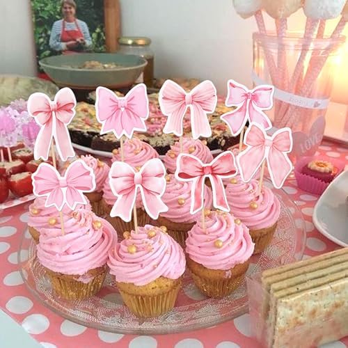40 Pink Bow Cupcake Toppers for Party Decorations