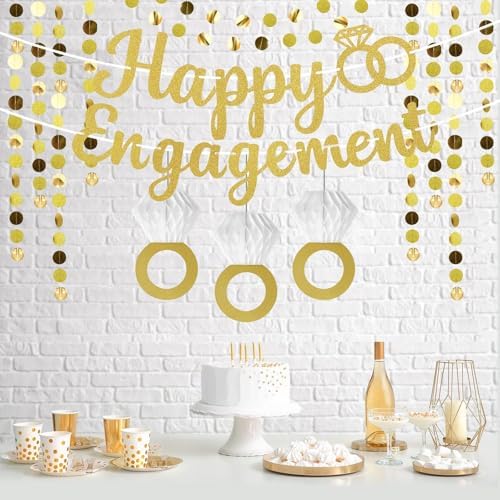 Gold Glitter Happy Engagement Party Banner Decor Set