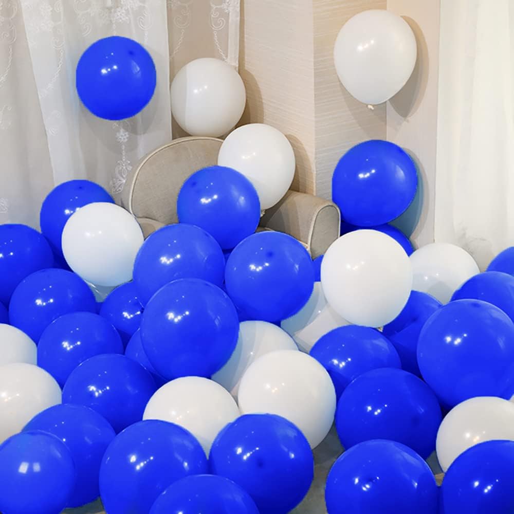 100pcs Royal Blue and White 12 Inch Latex Balloons with Ribbon