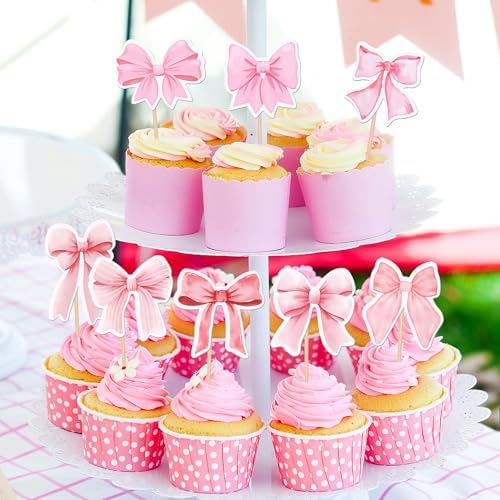 40 Pink Bow Cupcake Toppers for Party Decorations