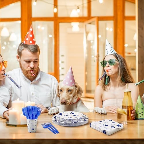 144 Piece Blue Paw Print Party Tableware Set for 24 Guests