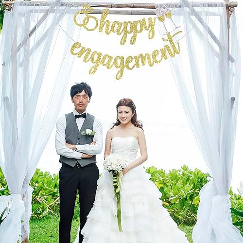 Palasasa Happy Engagement Banner - Gold Glitter Decorations Sign