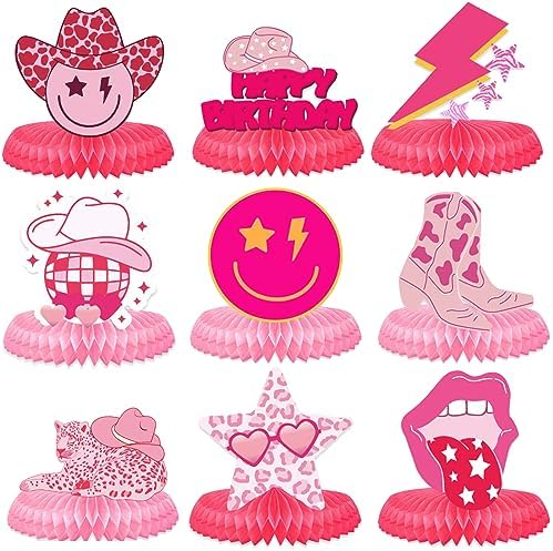 9Pcs Preppy Party Centerpieces Hot Pink Honeycomb Decorations