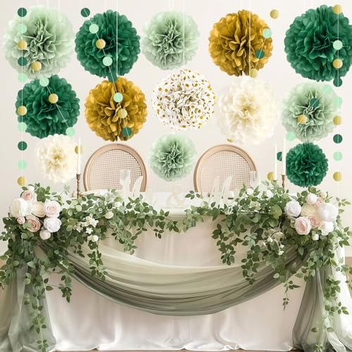 Green Wedding Party Decorations Set 16PCS Tissue Pom Poms Garland
