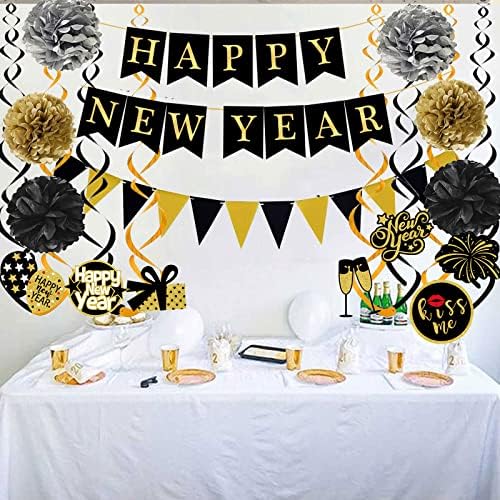 Happy New Year Banner with Pom Poms and Triangle Flags