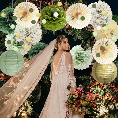 Olive Sage Green Paper Pom Poms Party Decorations