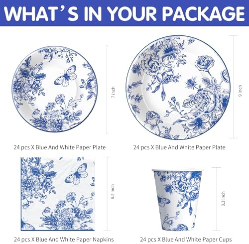 Blue and White Floral Paper Plates Set for 24