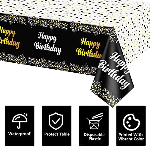 4 Pack Happy Birthday Tablecloths Black Gold Decor 54x108 Inch