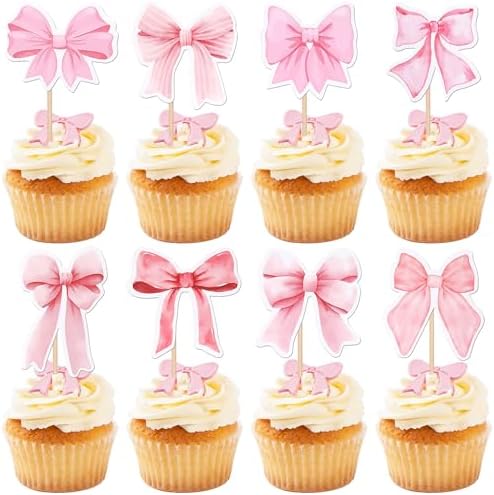 40 Pink Bow Cupcake Toppers for Party Decorations