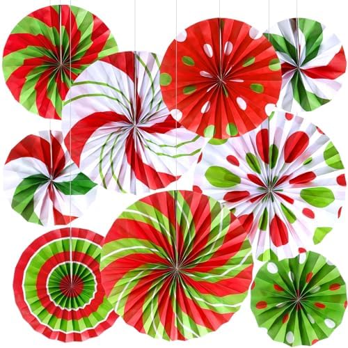 Outus Christmas Candy Paper Fans 9 Pcs Red Green Decorations