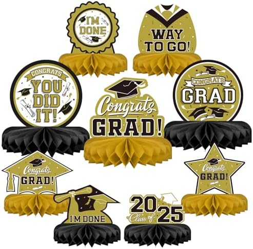 9PCS Graduation Party Decorations Honeycomb Table Centerpieces Gold and Black