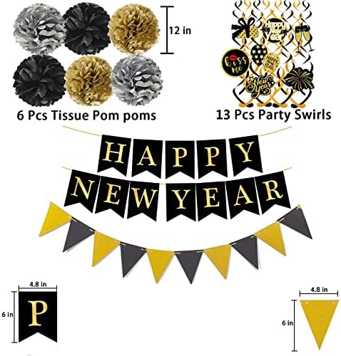 Happy New Year Banner with Pom Poms and Triangle Flags