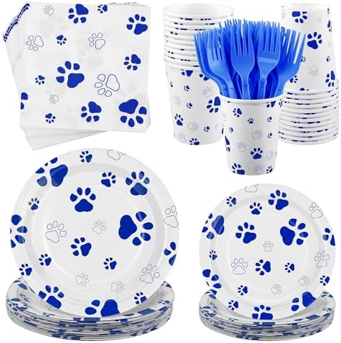 144 Piece Blue Paw Print Party Tableware Set for 24 Guests