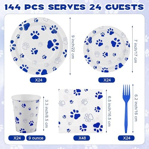 144 Piece Blue Paw Print Party Tableware Set for 24 Guests