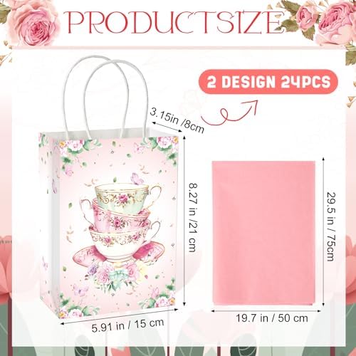 24 Pcs Tea Party Gift Bags with Handles Pink Green