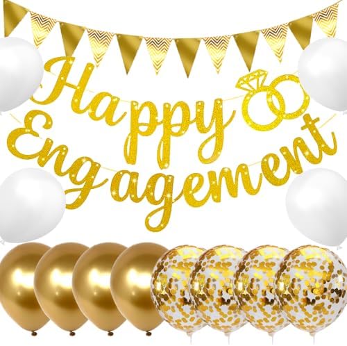 Gold Glitter Happy Engagement Banner 12 Pcs Decorations