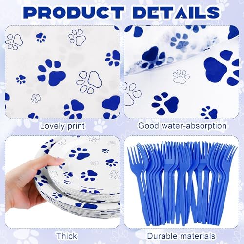 144 Piece Blue Paw Print Party Tableware Set for 24 Guests