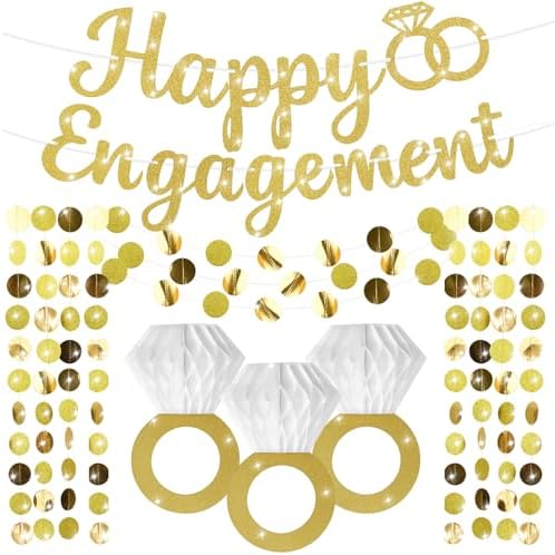 Gold Glitter Happy Engagement Party Banner Decor Set