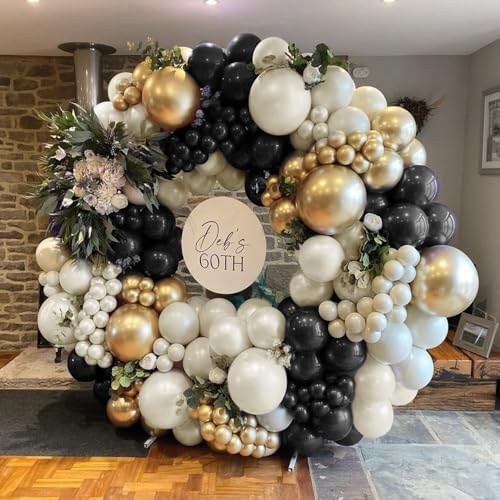 Double Stuffed Black White Gold Balloon Arch Kit