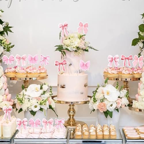 40 Pink Bow Cupcake Toppers for Party Decorations